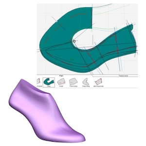 May include: A 3D model of a shoe last, a form used in shoemaking to create the shape of a shoe. The last is a light purple colour and is shown from the side. A diagram of the shoe's pattern pieces is shown above the last.