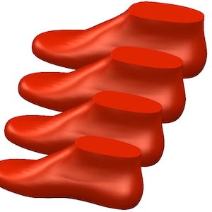 May include: Four red shoe lasts stacked on top of each other. The lasts are made of a smooth, red material and have a rounded toe shape.