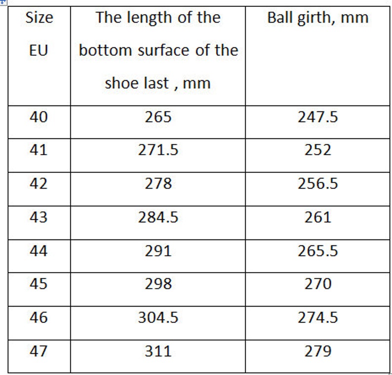 Peut inclure: Un tableau montrant les tailles de chaussures en pointures europ&eacute;ennes (EU), la longueur de la surface inf&eacute;rieure de la forme de la chaussure en millim&egrave;tres et le tour de balle en millim&egrave;tres.