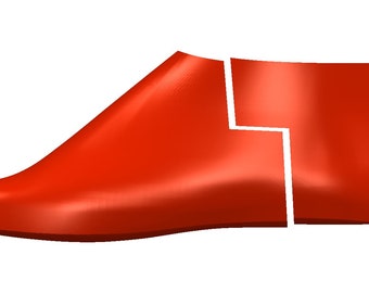 May include: A red shoe last, a tool used in shoemaking to create the shape of a shoe.