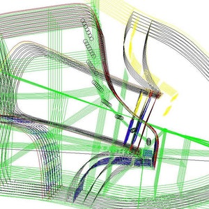 May include: Abstract geometric design with overlapping lines in black, green, blue, red, and yellow.