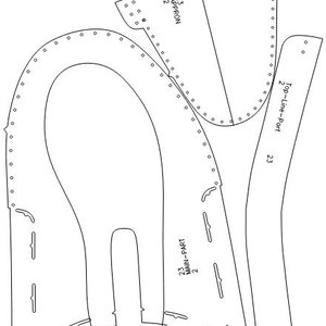 May include: A black and white line drawing pattern for a shoe with the text "Top-Line-Port 2 23", "Main-Part 23 2", and "Apron 23 2".