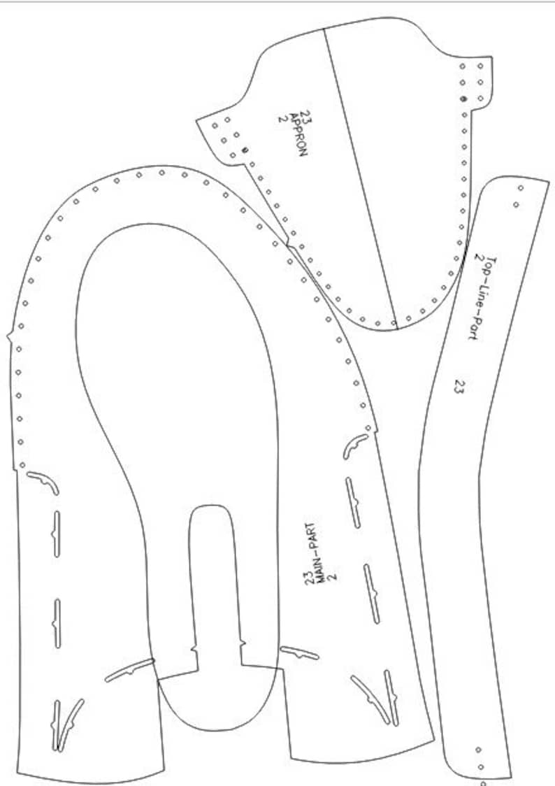 May include: A black and white line drawing pattern for a shoe with the text "Top-Line-Port 2 23", "Main-Part 23 2", and "Apron 23 2".