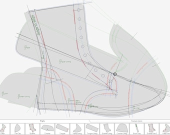May include: A technical drawing of a shoe pattern with labeled parts, including the vamp, toe cap, quarter, counter, tongue, vamp lining, tongue lining, quarter lining, counter lining, back stay, quarter version 2, and vamp version 2.