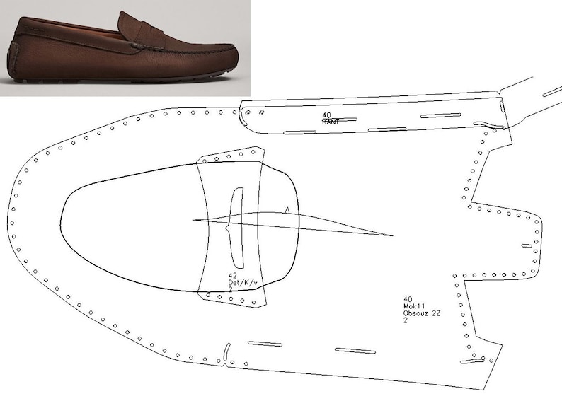 Peut inclure: Un dessin au trait noir et blanc d'un patron de chaussure. Le patron comprend des mesures en centim&egrave;tres et le texte "40 Rant", "42 Del/K/V", "40 Mok 11 Obsouz 22 2".