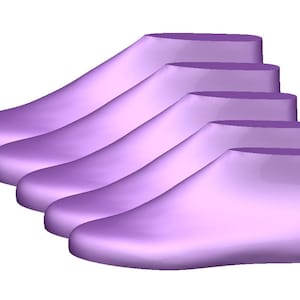 May include: Five lavender-colored shoe lasts arranged in a diagonal row. The shoe forms are smooth and solid, with a rounded toe and a flat heel. The forms are designed to shape shoes.