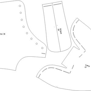 May include: A black and white line drawing of a shoe pattern with different pieces labeled "quarter 30", "vamp 37", and "tongue 35".