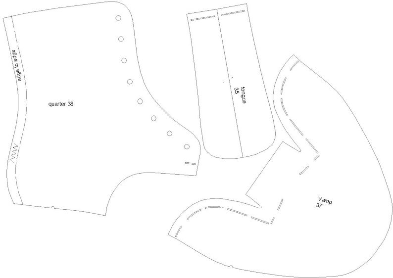May include: A black and white line drawing of a shoe pattern with different pieces labeled "quarter 30", "vamp 37", and "tongue 35".