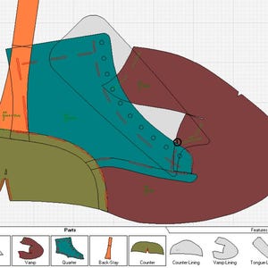 Puede incluir: Diagrama de un patrón de zapato con diferentes secciones de colores etiquetadas como "Lengüeta", "Vampiro", "Cuarto", "Contrafuerte", "Contra", "Forro de contra", "Forro de vampiro" y "Forro de lengüeta".