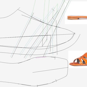 May include: A line drawing of a sandal design with two photos of the finished orange sandals. The sandals have a thin strap across the toe and a thick strap across the foot.