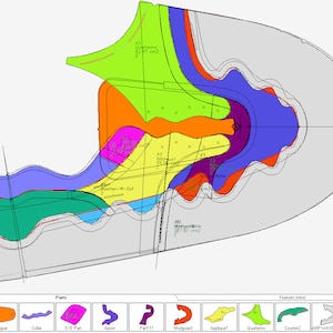 以下が含まれることがあります： 靴のさまざまな部分を図解したものです。タン、カラー、アイパート、エプロン、パット111、マッドガード、アプリーク、クォーターなどがあります。図には、各部分の面積が平方センチメートルで示されています。