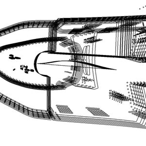 Peut inclure: Un plan de b&acirc;timent en noir et blanc. Le plan montre un grand espace ouvert avec un mur incurv&eacute; d'un c&ocirc;t&eacute; et une s&eacute;rie de pi&egrave;ces plus petites de l'autre.