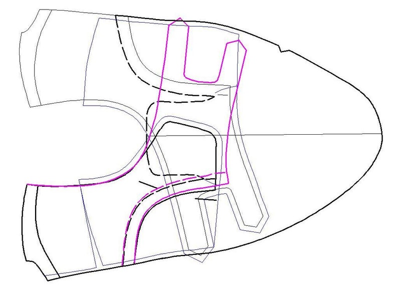 May include: A black and white line drawing of a shoe pattern with purple lines outlining the different sections of the shoe.