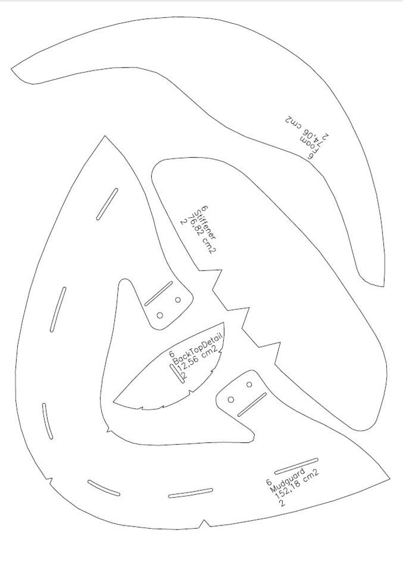 May include: A black and white line drawing of a pattern for a hat. The pattern includes measurements in centimeters for the different pieces of the hat.