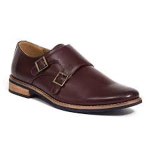 May include: Burgundy leather double monk strap dress shoes with a brown rubber sole.