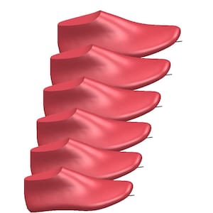 Könnte beinhalten: Ein Stapel von sechs rosafarbenen Schuhspannern, jeder mit einer abgerundeten Spitze und einer glatten, glänzenden Oberfläche.