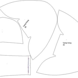 May include: A black and white line drawing of a shoe pattern with labels for the vamp lining, heel lining, and tongue lining. The measurements are 35, 39, and 40.