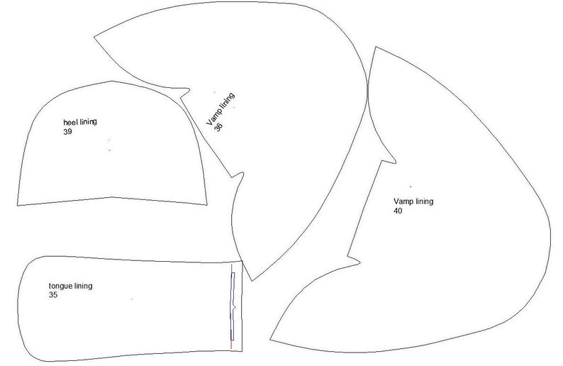 May include: A black and white line drawing of a shoe pattern with labels for the vamp lining, heel lining, and tongue lining. The measurements are 35, 39, and 40.