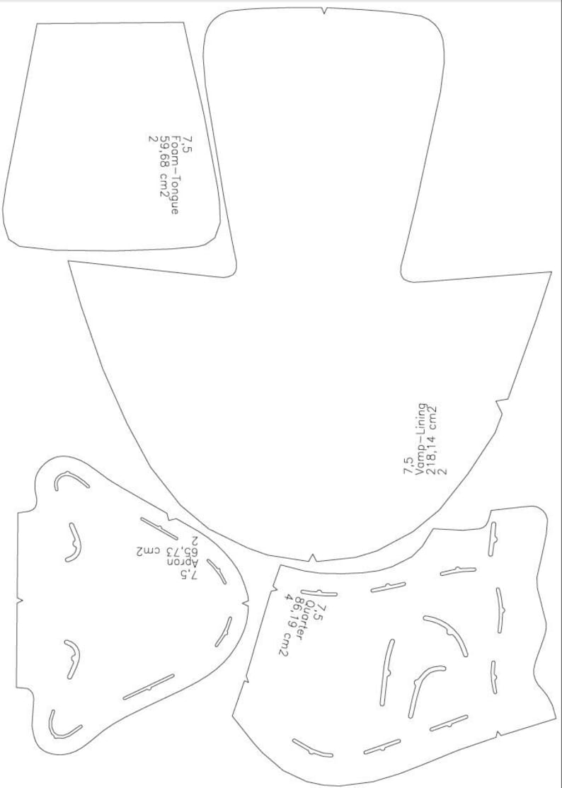 May include: A black and white line drawing of a shoe pattern with measurements in inches and square inches. The pattern includes a vamp, tongue, quarter, and apron.