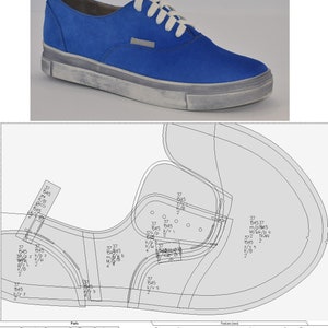 May include: A blue canvas shoe with white laces and a white rubber sole. The shoe has a white stripe on the side and a white label on the tongue. The shoe is shown on a white background with a technical drawing of the shoe's parts and features.