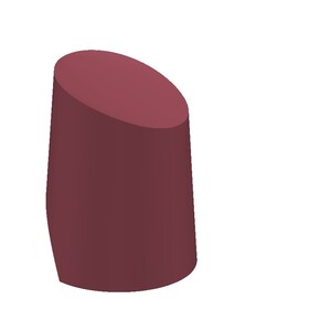 May include: A maroon-colored ceramic vase with a rounded top and a slightly angled base.