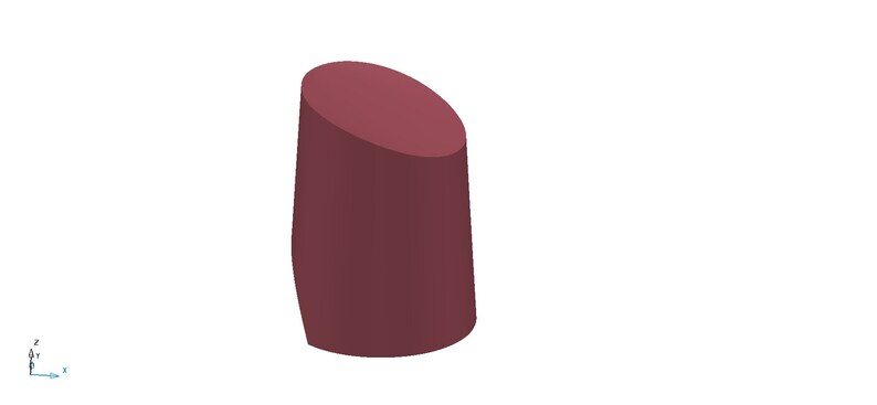 May include: A maroon-colored ceramic vase with a rounded top and a slightly angled base.