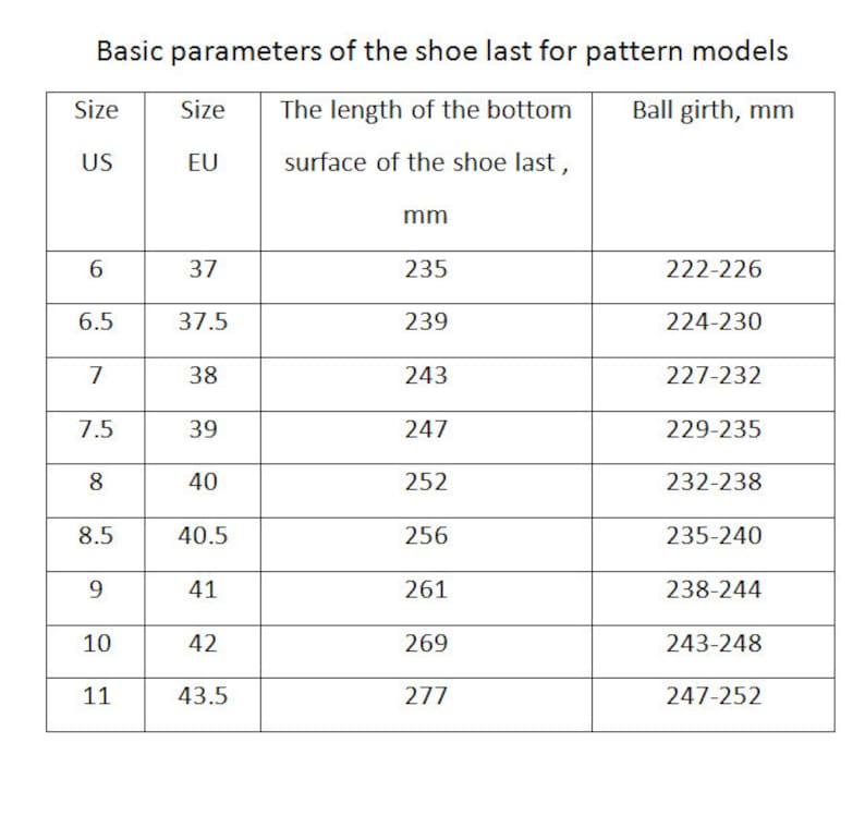 May include: A table showing shoe last measurements in US and EU sizes. The table includes the length of the bottom surface of the shoe last in millimeters and the ball girth in millimeters.