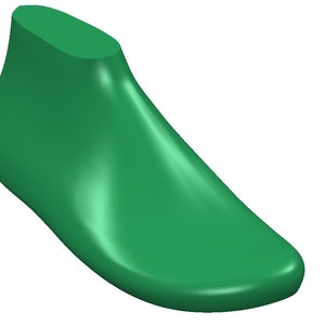 Könnte beinhalten: Ein grüner Schuhleisten, ein 3D-Modell, das zur Herstellung von Schuhen verwendet wird.