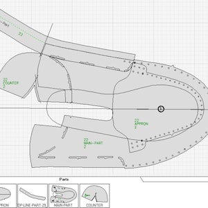May include: A black and white line drawing of a shoe pattern with different parts labelled. The parts are: Approon, Op-Line-Part-29, Main-Part, and Counter.