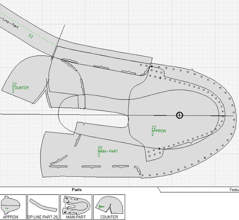 May include: A black and white line drawing of a shoe pattern with different parts labelled. The parts are: Approon, Op-Line-Part-29, Main-Part, and Counter.
