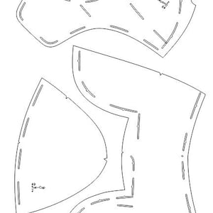May include: A sewing pattern for a bra with two pieces. The pattern includes markings for the cup and vamp, and the text "49 Toe-Cup 2" and "49 Vamp 2".