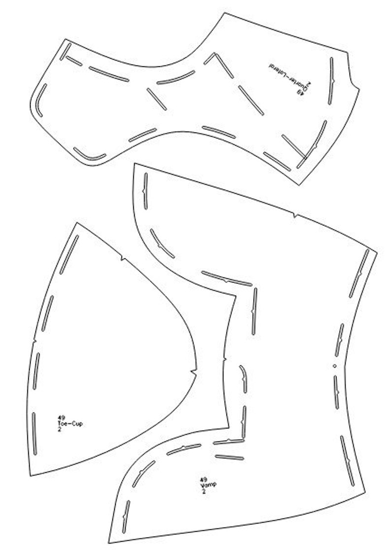 May include: A sewing pattern for a bra with two pieces. The pattern includes markings for the cup and vamp, and the text "49 Toe-Cup 2" and "49 Vamp 2".