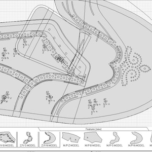 May include: A black and white line drawing of a landscape design plan. The plan includes a large, curved area with a series of circles and lines. The plan also includes a smaller area with a series of squares and rectangles. The plan is labeled with the words "Parts" and "Features [new]".