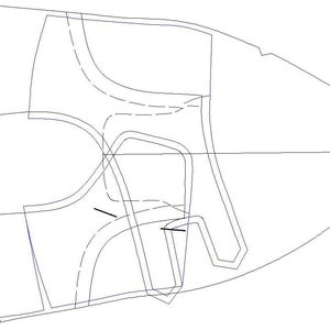 May include: A black and white line drawing of a shoe pattern. The pattern includes multiple lines and curves, creating a detailed design.