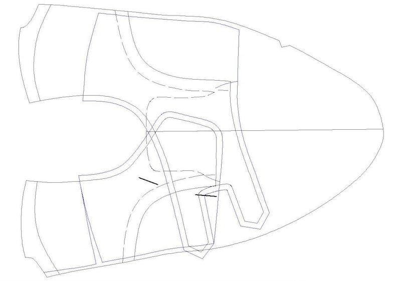 May include: A black and white line drawing of a shoe pattern. The pattern includes multiple lines and curves, creating a detailed design.