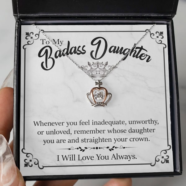 To My Badass Daughter Gift, Mother Daughter Gift, Sterling Silver Luxe Crown Pendant Necklace Gift for Daughter Birthday, Gift From Mom|Dad