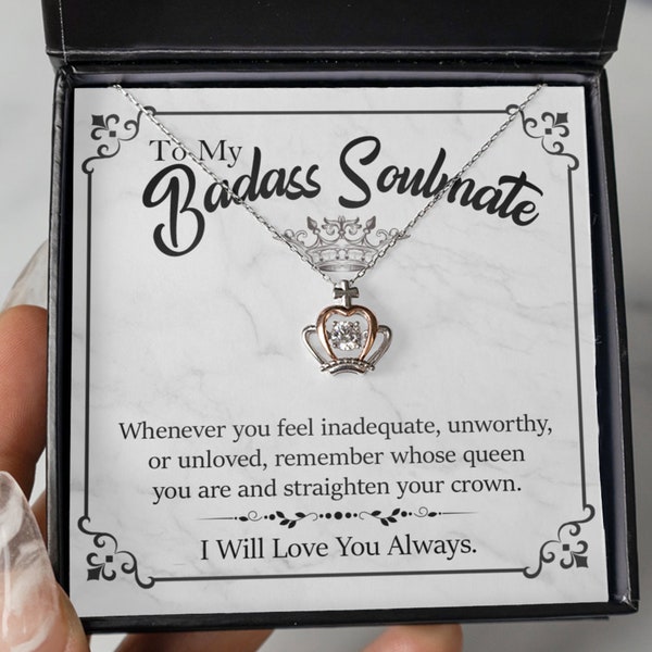 To My Badass Soulmate Gift, Soulmate Necklace Gift, Sterling Silver Crown Pendant Necklace Gift for Soulmate, Soulmate Jewelry Gift For Her