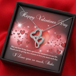 Valentines Day Gift For Wife, Girlfriend, Double Heart Necklace, Valentine Jewelry Gift For Her, Message Card Gift, I Love You More Each Day