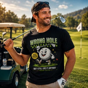 May include: Black t-shirt with the text "WRONG HOLE" and a cartoon golf ball character holding a golf club. The shirt also features the text "Still Counts Though" and "BUT I STILL LIKE IT ANYWAY". The image is set on a golf course.