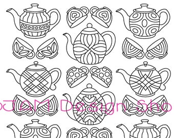 Coloring Pages, Coloring Sheet, Tea Lovers, Teapot Pattern, Tea Cups, Positive Vibes, Coloring for Adults, Tea Lover Gift