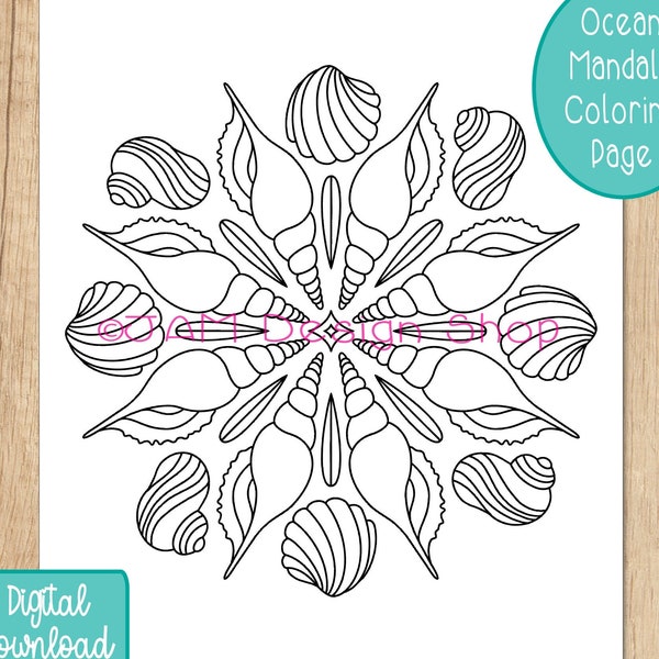 Coloring Page, Mandala Design, Ocean Mandala, Shell Mandala, Coloring Sheets, Ocean Theme, Coloring for Adults, Party Activity, Sea Theme