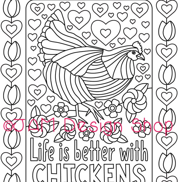 Chicken Coloring Page, Chicken Lover Gift, Positive Vibes,  Chicken Mom, Cute Saying, Digital Download, Adult Coloring Book