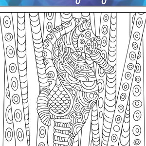 May include: A black and white coloring page featuring an abstract design of a seahorse surrounded by seaweed. The design is intricate and detailed, with many circles and swirls.
