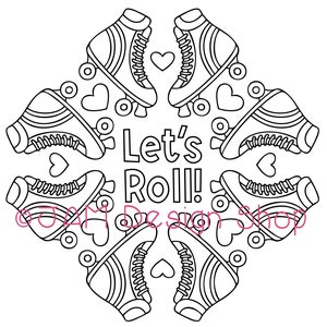Op de afbeelding: Zwart-witte lijnkunst kleurplaat van een rolstoelmandela met de tekst "Let's Roll!" in het midden.