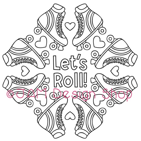 Roller Skating Mandala, Mandala Coloring Page, Roller Derby, Skate Party, Coloring for Kids, Coloring for Adults, Lets Roll