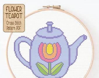 Cross Stitch Pattern PDF, Digital Download, Teapot Decor, Cute Wall Art, Beginner Cross Stitch Pattern