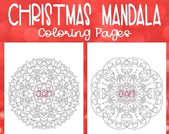 May include: Three printable Christmas mandala coloring pages with a festive theme. Each design features a different pattern with a central "Merry" text. The designs include bows, stars, candy canes, and ornaments.