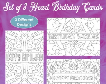 Heart Birthday Cards, Printable Birthday Cards, Printable Cards, Coloring Cards, Heart Design, Coloring Book Cards, Greeting Cards, Hearts