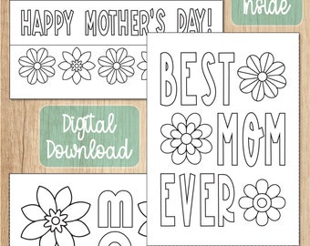 Könnte beinhalten: Ausdruckbare Malvorlagen für den Muttertag. Die Karten zeigen Blumen und den Text "Happy Mother's Day!" und "Best Mom Ever".