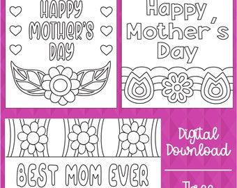 Könnte beinhalten: Drei druckbare Muttertagskarten mit Blumenmotiven. Die Karten sind schwarzweiß und zum Ausmalen bereit. Der Text auf den Karten lautet "Frohen Muttertag" und "Beste Mama aller Zeiten".